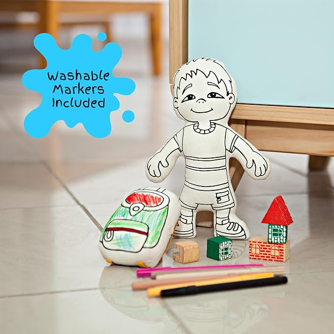 Color Your Doll - Boy Doll with Pocket & Backpack - Washable Markers Included - Educational Art & Crafts Toy for Kids - Reusable, Color, Play, Wash, Repeat - Creative Gift