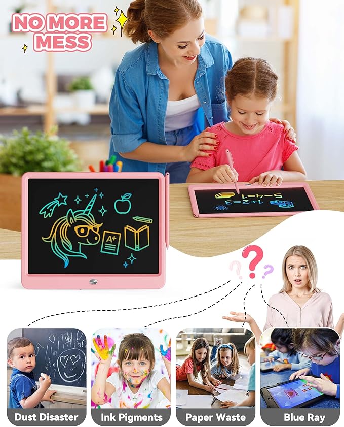 KOKODI 15 Inch LCD Writing Tablet with Anti-Lost Stylus, Erasable Doodle Board Colorful Toddler Drawing Pad, Car Travel School Games Toys for 3 4 5 6 7 8 Kids, Birthday Gift for Girls Boys Pink