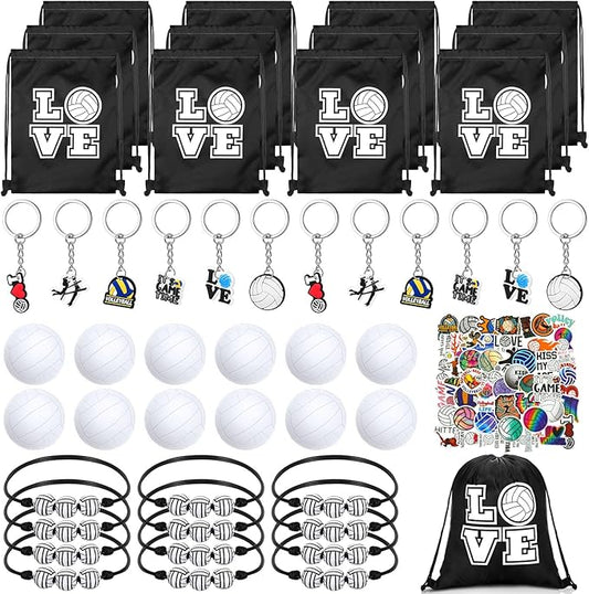 Capoda 98 Pcs Volleyball Party Favors Volleyball Team Gift 12 Pcs Keychain 12 Packs Sports Stress Ball 12 Pcs Small Drawstring Bag 12 Pcs Bracelets 50 Pcs Sticker