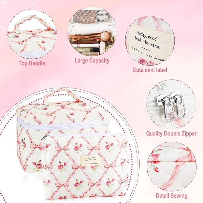 URSKYTOUS 2Pcs Cotton Quilted Makeup Bag for Women Girls Large Small Travel Floral Cosmetic Bags Set Cute Coquette Pink Makeup Pouch for Purse Aesthetic Cloth Flower Storage Toiletry Bag Organizer