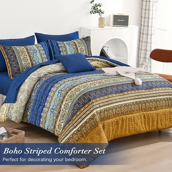 Cottolester Boho Comforter Set Full Size 8 Pieces,Brown Blue Bohemian Comforter Paisley Striped Bed in A Bag,Soft Microfiber Bedding Set for All Season