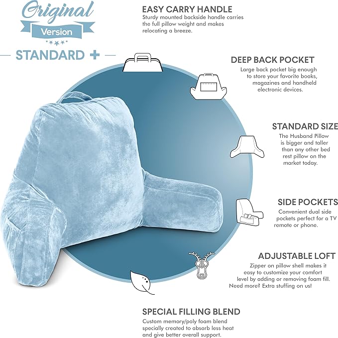 Husband Pillow Sky Blue, Original Reading Pillow in Bed Rest Chair, Shredded Memory Foam Large Lounge Cushion Adult Backrest with Arms, Comfy Back Support for Sit Sitting Up, Wash/Removable Cover