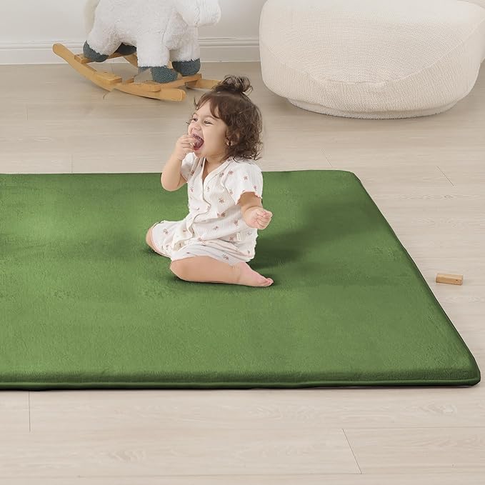 1.3" Thick Baby Floor Play Mat 50x50, Basic Padded Foam Mat for Tummy Time Crawling, Non Slip Cushioned for Babies Toddlers Infants Kids (Olive)