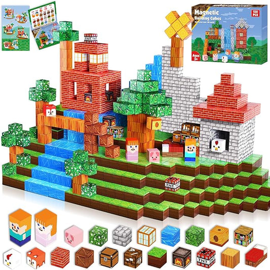 Magnetic Blocks-150PCS Grassland Magnetic Building Blocks Set, Kids Classroom Sensory Toy for Toddlers STEM Learning, Construction Stacking Toy for Kids 3+ Boys and Girls Christmas Birthday Gifts Toys