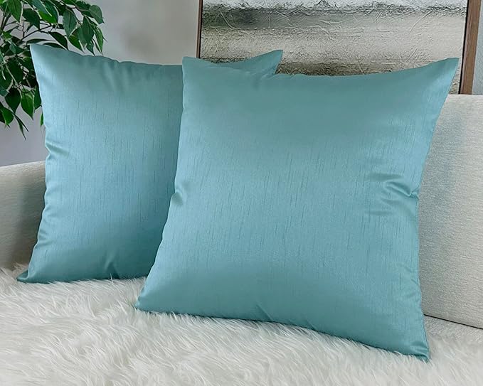 Aiking Home 20x20 Inches Faux Silk Square Throw Pillow Cover, Zipper Closure, Aqua (Set of 2)