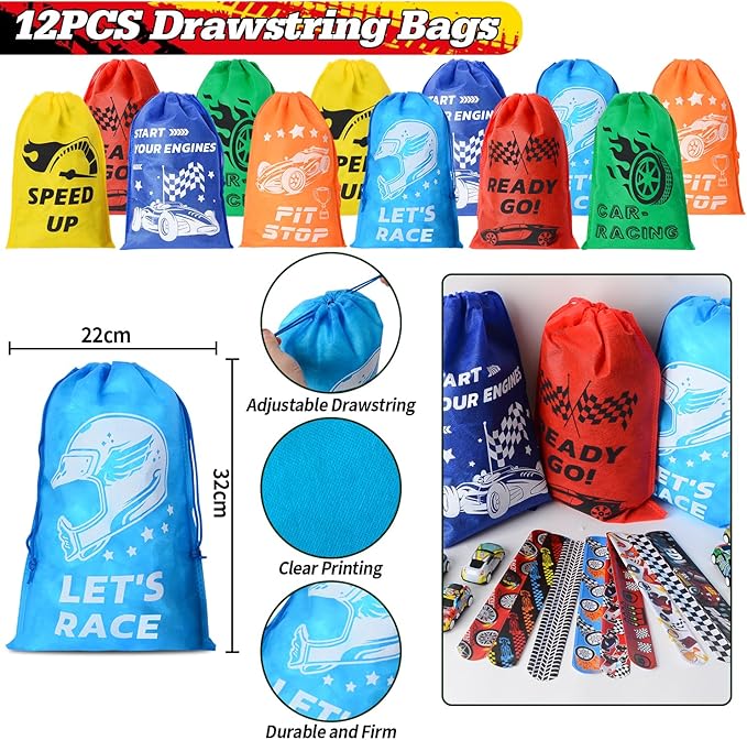 122 PCS Race Car Party Favors, Racing Birthday Party Favors with Pull Back Cars Drawstring Bags Slap Bracelet Keychain Stamper Tattoo Stickers, Racecar Theme Party Supplies Goodie Bag for Boys Kids