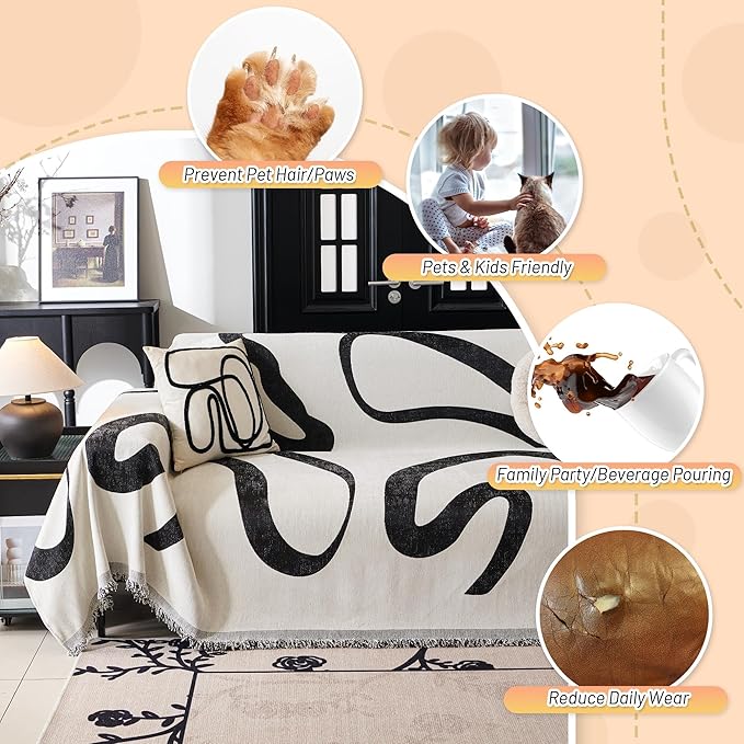 MYSKY HOME Boho Couch Cover Super Soft Couch Covers for 2-3 Cushion Couch Sofa, Modern Black Jacquard Sofa Slipcover Loveseat Futon Cover, Couch Covers for Sectional Sofa, 71" x 102", Black Curve