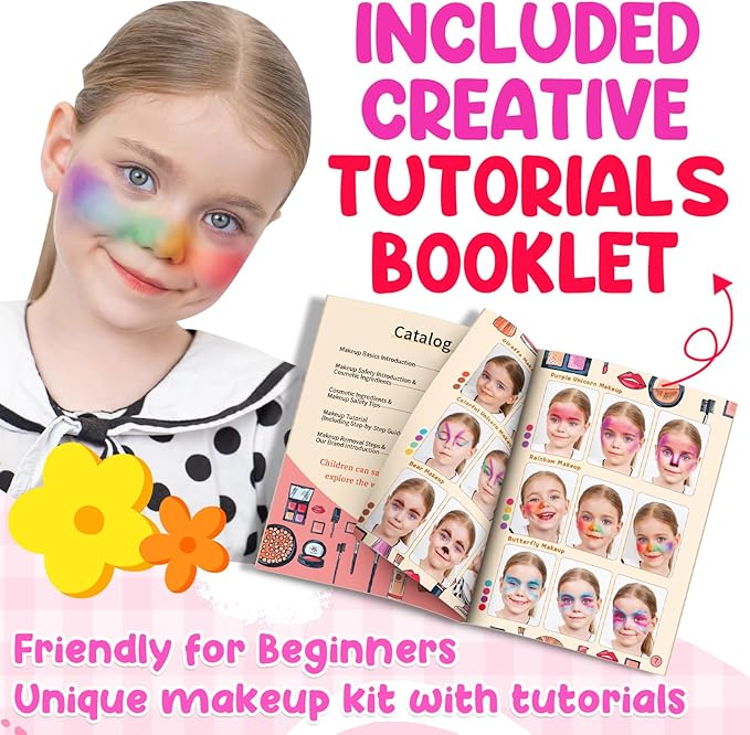 58Pcs Kids Makeup Kit for Girl - Real Washable Cosmetic Set with Light Up Mirror - Kids Makeup Sets for Girls -Play Make Up Birthday for Age 3 4 5 6 7 8 9 10 11 12 Years Old Kid -Rose