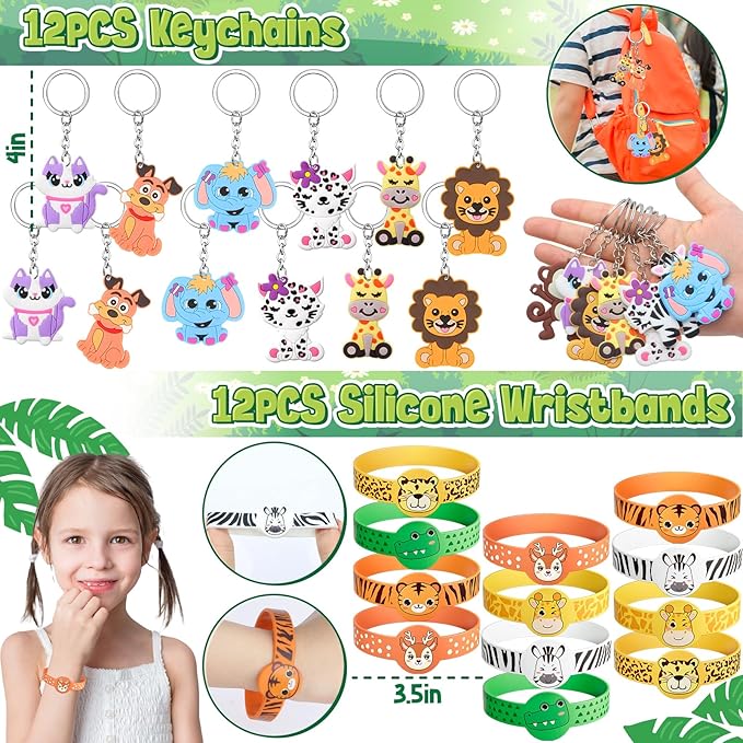134 Jungle Safari Party Favors Animal Birthday Supplies Zoo Mask Silicone Bracelet Stamp Gift Box Bookmark DIY Sticker Keychain Kid Boy Girl Toy Gift Goodie Bag Stuffer Wild One Party Favors