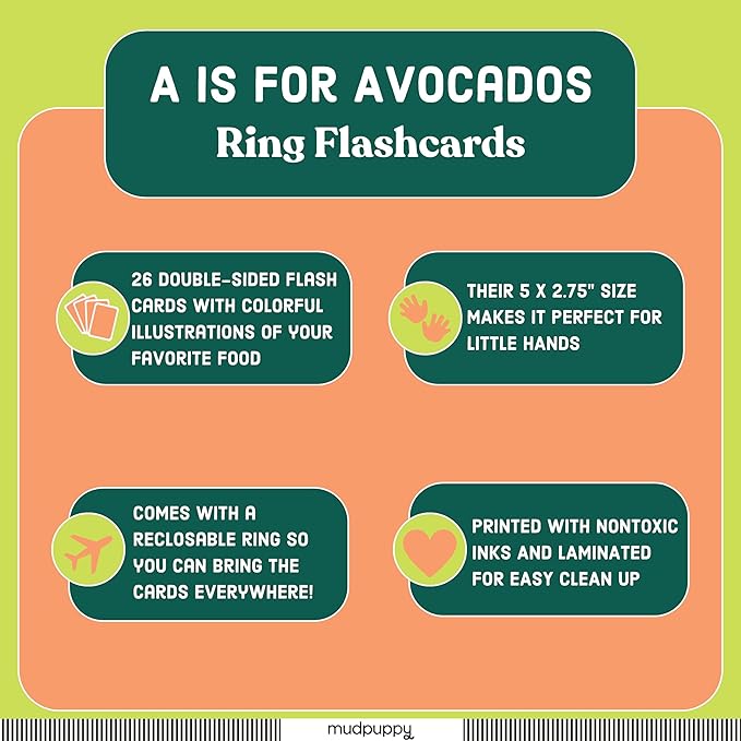 Mudpuppy A is for Avocado — Ring Flashcards 26 Durable Double Sided Alphabet Food Cards and Reclosable Ring with Colorful Art for Babies Age 1+ Perfect for Preschool Or Travel for Teacher and Parents