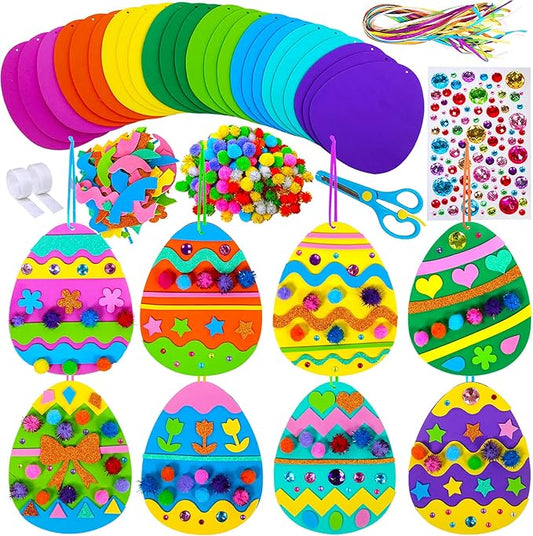 24 Sets Easter Egg Ornaments Decorations DIY 3D Easter Craft Kits Assorted Egg Shaped Foam Cutouts Easter Foam Stickers Pom-poms for Kids Party Favors Easter Spring Classroom Activity Art Project