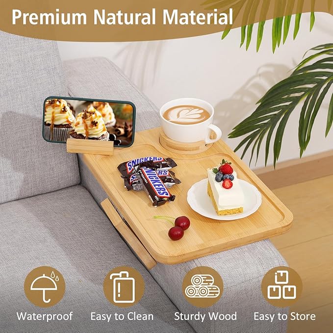 Couch Arm Tray, Couch Arm Table with 360° Rotating Phone Holder & Cup Holder, Sofa Arm Tray for Easy Access, Couch Cup Holder for Snacks, Phone, Control, Cups