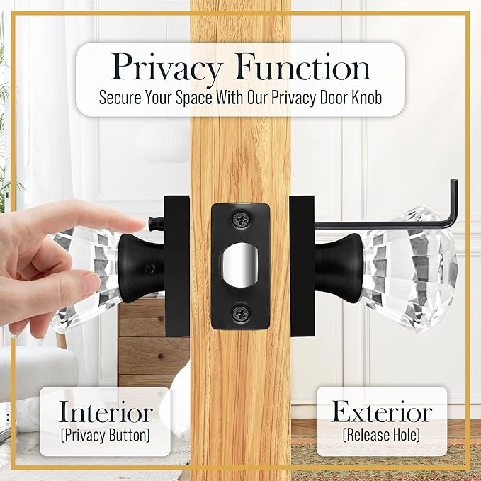 Clear Crystal Door Knob with Lock, Square Base, Glass Door Knobs Interior Privacy Set, Vintage Decorative Antique Style Handle for Bedroom, Bathroom, Closet, 1 Pack