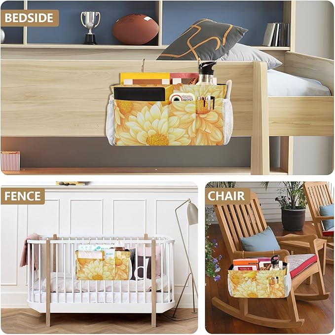 Bright Yellow Chrysanthemum Flowers and Lemon Bedside Caddy for Dorm Bed Bedside Hanging Caddy Bag Iron Frame Storage Organizer Pocket for Bunk Home College Hospital Beds 2 Hooks