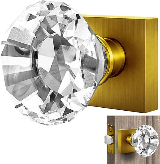 Antique Brass Crystal Door Knob, Square Base, Glass Door Knobs Interior Non-Locking Set, Brass Antique Decorative Vintage Style for Hallway, Closet, Passage Doors, 1 Pack