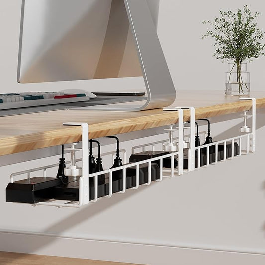 2 Pack Under Desk Tray, 31.4" No Drill Wire Management with Upgraded Clamp, Metal Cord Organizers for Desk, PC Cable Rack, White