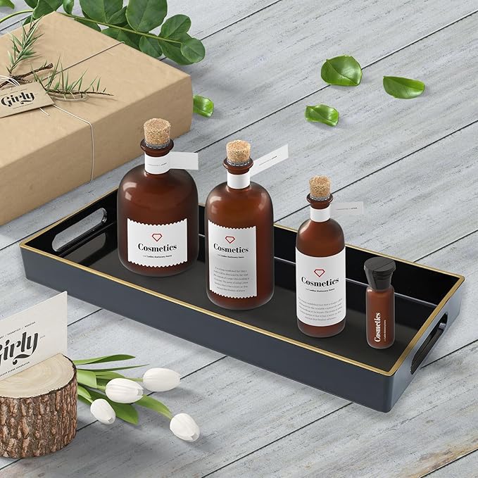 Leemxiiny Black Vanity Tray with Handles, Decorative Tray Desktop Storage Organizer for Bathroom, Living Room, 5.9"*13.7"