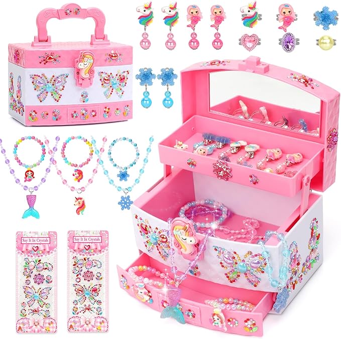 Jewelry Box for Girls, Unicorn Toys for Girls Age 4-6 Kids Jewelry Box, Toddler Girl Jewelry Set with Princess Necklaces/Bracelets/Earrings/Rings, Funny Christmas Birthday Gifts for 3-6 Year Old Girl