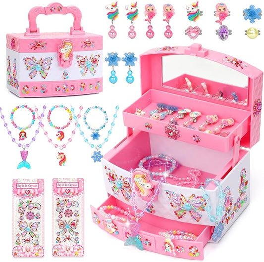 Jewelry Box for Girls, Unicorn Toys for Girls Age 4-6 Kids Jewelry Box, Toddler Girl Jewelry Set with Princess Necklaces/Bracelets/Earrings/Rings, Funny Christmas Birthday Gifts for 3-6 Year Old Girl