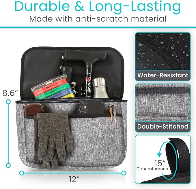 Vive Wheelchair Carry Bag - Arm Rest Pouch for Rollator, Walkers, Power Wheel Chairs and Knee Scooters - Side Storage Organizer for Elderly, Seniors, Adults (Gray)