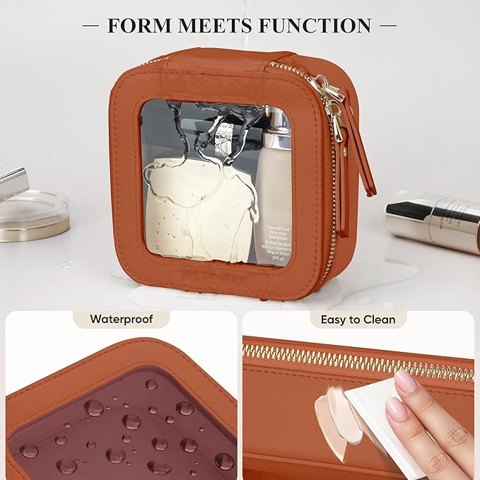 MSTONAL Clear Makeup Bag, Travel Toiletry Bag Cosmetic Case for Women, Waterproof Portable Small Make Up Skincare Pouch with Zipper, Compact Car Organizer Bag for Essentials, Mini Size, Brown