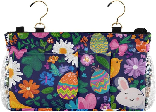 Easter Daisy Rabbit Birds Eggs Bedside Caddy for Dorm Bed Bedside Hanging Caddy Bag Iron Frame Storage Organizer Pocket for Bunk Home College Hospital Beds 2 Hooks
