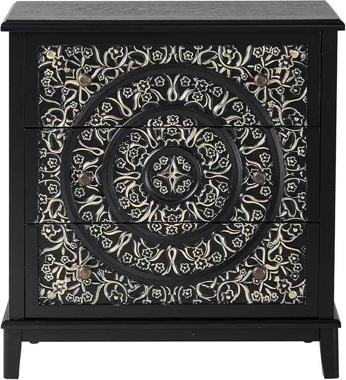 COZAYH 3-Drawer Fully-Assembled Flower Motif Dresser for French Country, Modern, Rustic Style, Distressed Finish, Gold & Black