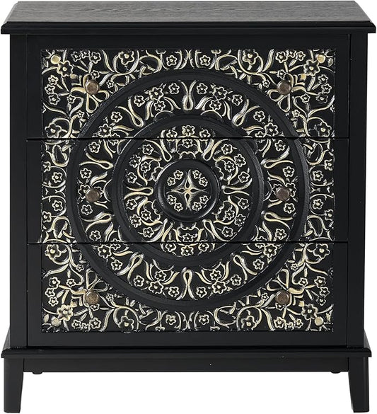 COZAYH 3-Drawer Fully-Assembled Flower Motif Dresser for French Country, Modern, Rustic Style, Distressed Finish, Gold & Black