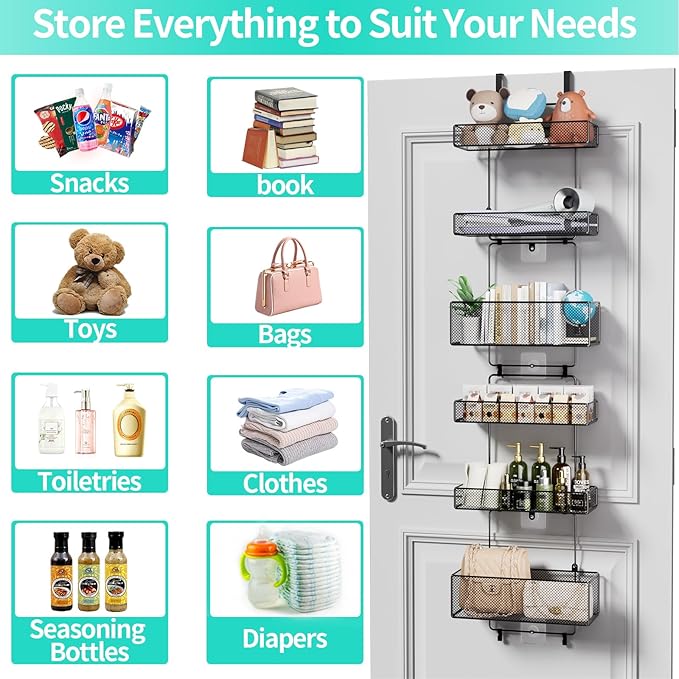 HapiRm Over Door Organizer Storage - Separable Door Organizer Hanging with 6 Metal Large Capacity Baskets for Bathroom Bedroom Kitchen Pantry Closet (Black)