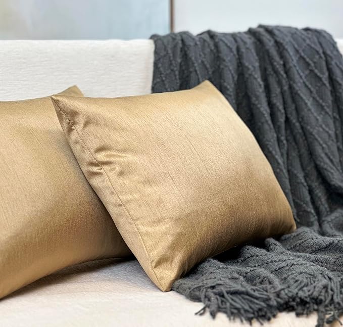 Aiking Home 12x18 Inches Faux Silk Rectangular Throw Pillow Cover, Zipper Closure, Brass (Set of 2)
