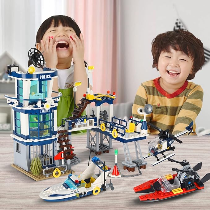 City Police Station STEM Building Sets, Compatible with Lego Military Helicopter Airplane,Boats Ship, Swat Team,Building Kit for Kids, 565 PCS Best Gift for 6-10 Boys
