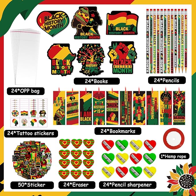 218 PCS Black History Month Party Favors Happy Juneteenth Party Classrooms Exchange Stationery Giveaways Sets Class Reward Prizes Pencils Erasers Stickers for African American Party Supplies (BHM)