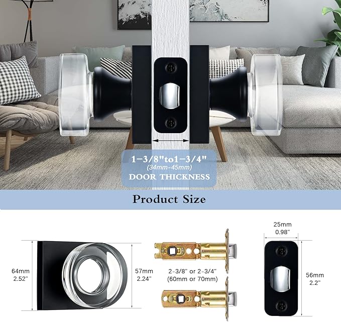 coolnews Passage Crystal Glass Door Knobs Interior for Hall and Closet, Matte Black