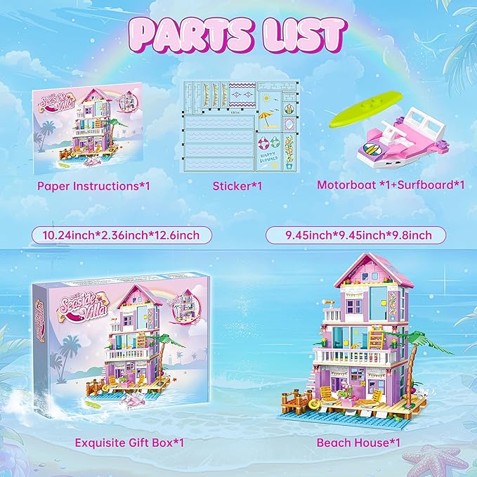 Beach House Building Set, Seaside Villa House Building Toys Compatible with Lego Friends Sets for Girls Age 8-12, Creative Holiday Cottage Building Kit, Birthday, Valentine's Day