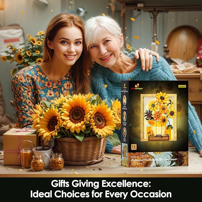 JMBricklayer Flowers Sunflower Building Sets for Adult with Lights 70004, Van Gogh Wall Art Crafts Ideas Flower Bouquet, Painting Frame Room Decor, Valentine’s Day Birthday Gifts for Women Girl