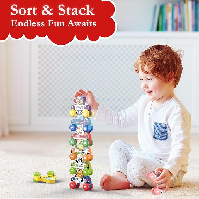 BEKILOLE 4 Wooden Race Cars Montessori Learning Toys for 6-12-18 Months Birthday Gift Travel Toy for 1 2 Year Old Boy Girl Infant Toddlers 8 9 10 Months Old with Tracing Flash Cards