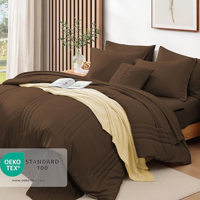 Monbix Queen Comforter Set - 7 Pieces Chocolate Brown Bed in a Bag Queen Bedding Sets with Comforters, All Seasons Comforter Bed Set with Sheets, Pillowcases & Shams