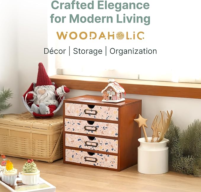 Terrazzo Pattern Wooden Desk Organizer - 4-Drawer Desktop Storage - Modern & Rustic Wood Cabinet for Office Supplies, Craft Tools, & Home Organization - Cute Drawer Unit