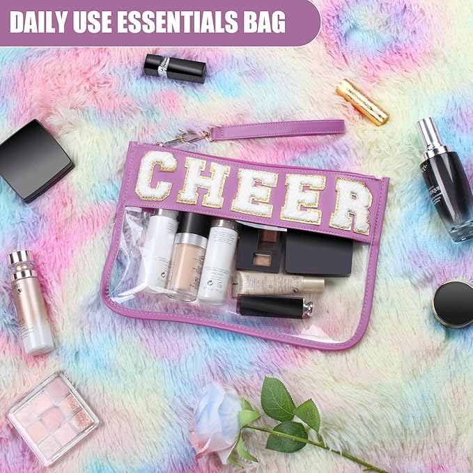 BuyCard Cheer Chenille Letter Bags Clear Makeup Bag, Cheerleader Gifts Cosmetic Bag, Varsity Preppy Patch Flat Pouch Cheer Accessories, Waterproof PVC Organizer Toiletry Bag for Women Girls Purple