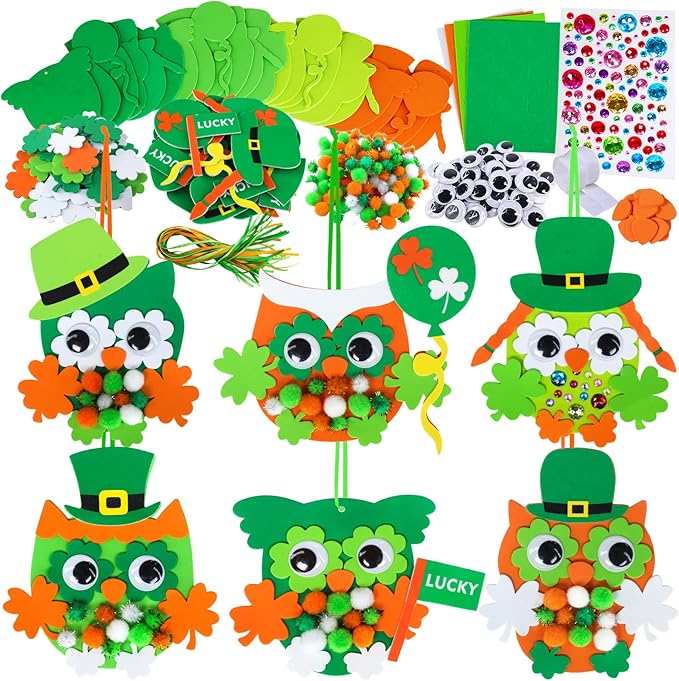24 Sets Owl Shamrock Ornaments St. Patrick's Day Decorations Craft Kits Assorted Owl Four-Leaf Clover Lucky Shamrock Foam Stickers Pom-poms Google Eye for Kids Classroom Home Activity Gift Art Project
