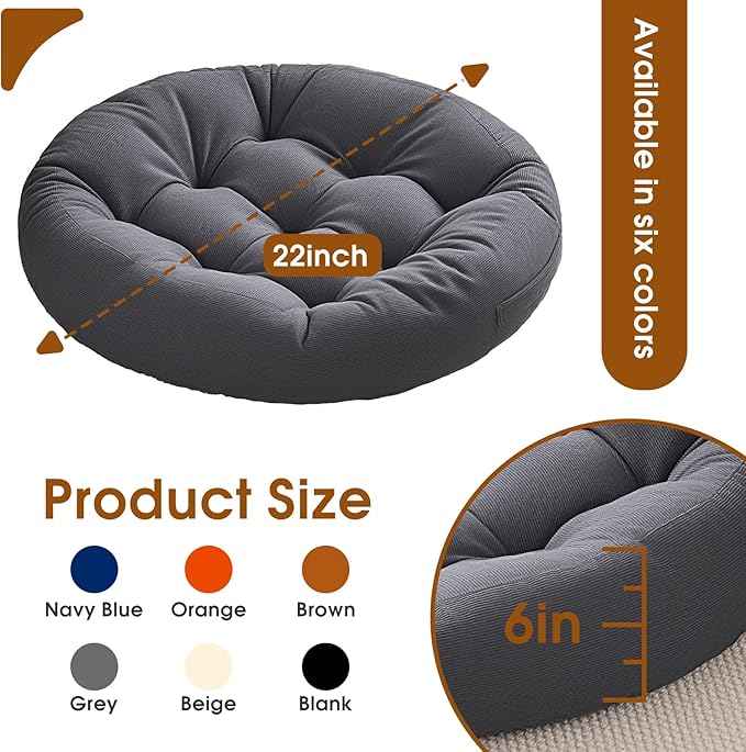 2Pcs Floor Pillows for Adults, 22x22x6 Inch Meditation Cushions, Large Round Sitting Cushion Living Room Memory Foam Pillow for Sitting (2, Grey, 22x22x6 Inch)