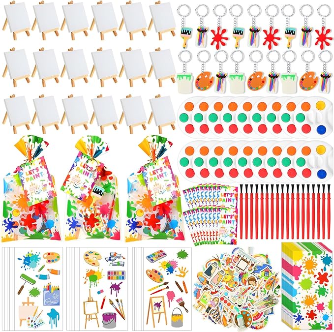 HyDren Paint Party Favors Include Mini Watercolor Paint Set Small Painting Canvas with Easel Palette Brush Paint Stickers Tattoo Sticker Keychain for Class Birthday Art Party(189 Pcs, Creative Style)