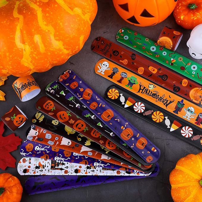 Elcoho 60 Pieces Halloween Designs Snap Bracelets Craft Halloween Party Slap Bracelets Wristbands Toys for Halloween Party Favors