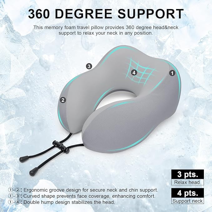 urnexttour Travel Pillow for Airplane Memory Foam Neck Pillow, Soft & Support Travel Pillow for Travelling, Sleeping Rest, Car, Train and Home Use (Grey)