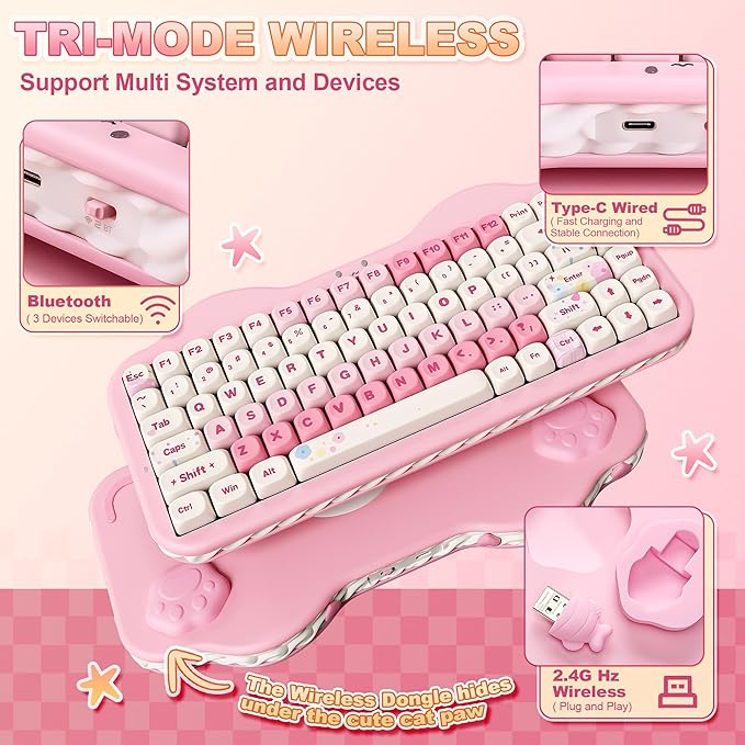 YUNZII C75 Wireless Mechanical Keyboard,75% Layout, Hot-Swappable NKRO,BT5.0/2.4G/USB-C Mode,Dye-Sub PBT MOA Keycaps,RGB Gasket Mount,Cute Cake Design for Mac/Win/Gaming (Pink, Candy Switch)