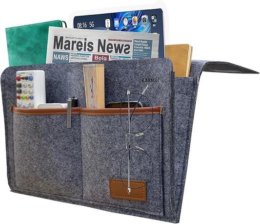 Bedside Caddy, Sofa Caddy, Storage Organizer Pocket for Dorm, Bedroom, 5 Pockets Felt Organizer for Magazine, Remote, Phone, Tablet, Pad, Glasses, Pen, Remote Control (Grey-Short)