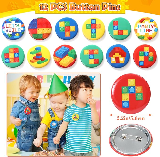 Building Blocks Party Favors Birthday Supplies for Kids, Gift Box Straw Mini Bubble Wand Button Pin Slap Bracelet Keychain, Goody Bag Stuffer Filler Girls Boys Game Carnival Classroom Prize Decor