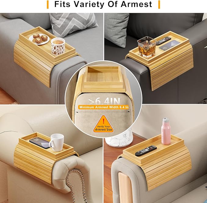 Bamboo Sofa Armrest Tray Table for Couch - 2-in-1 Couch Arm Table with Be Slide Detachable Tray- Anti-Slip Foldable Sofa Armchair Caddy for Drinks Cellphone TV Remote Snacks (Bamboo)