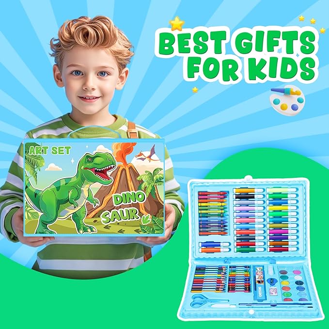 homicozy Art Supplies, Dinosaur Drawing & Coloring Set with Crayons, Colored Pencils, Markers, Sketchbook, Watercolor Cakes, Stencils, Arts and Crafts Painting Kit for Kids Ages 4-10, Girls Boys Gift
