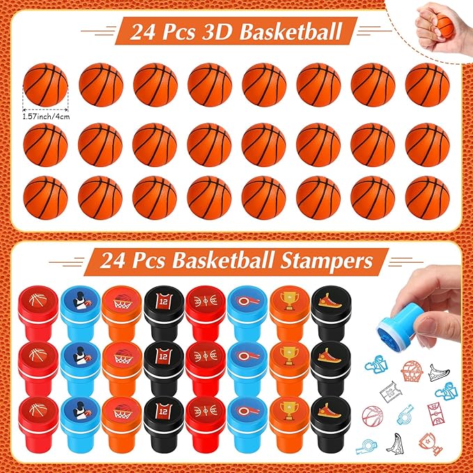 Aoriher 120 Pcs Basketball Sports Party Favors Set Serve 24, Basketball Goodie Bulk Foam Finger Mini Stress Ball Slap Bracelet Charm Bracelet Stamp for Girl Boy Kids Basketball Theme Party Supplies